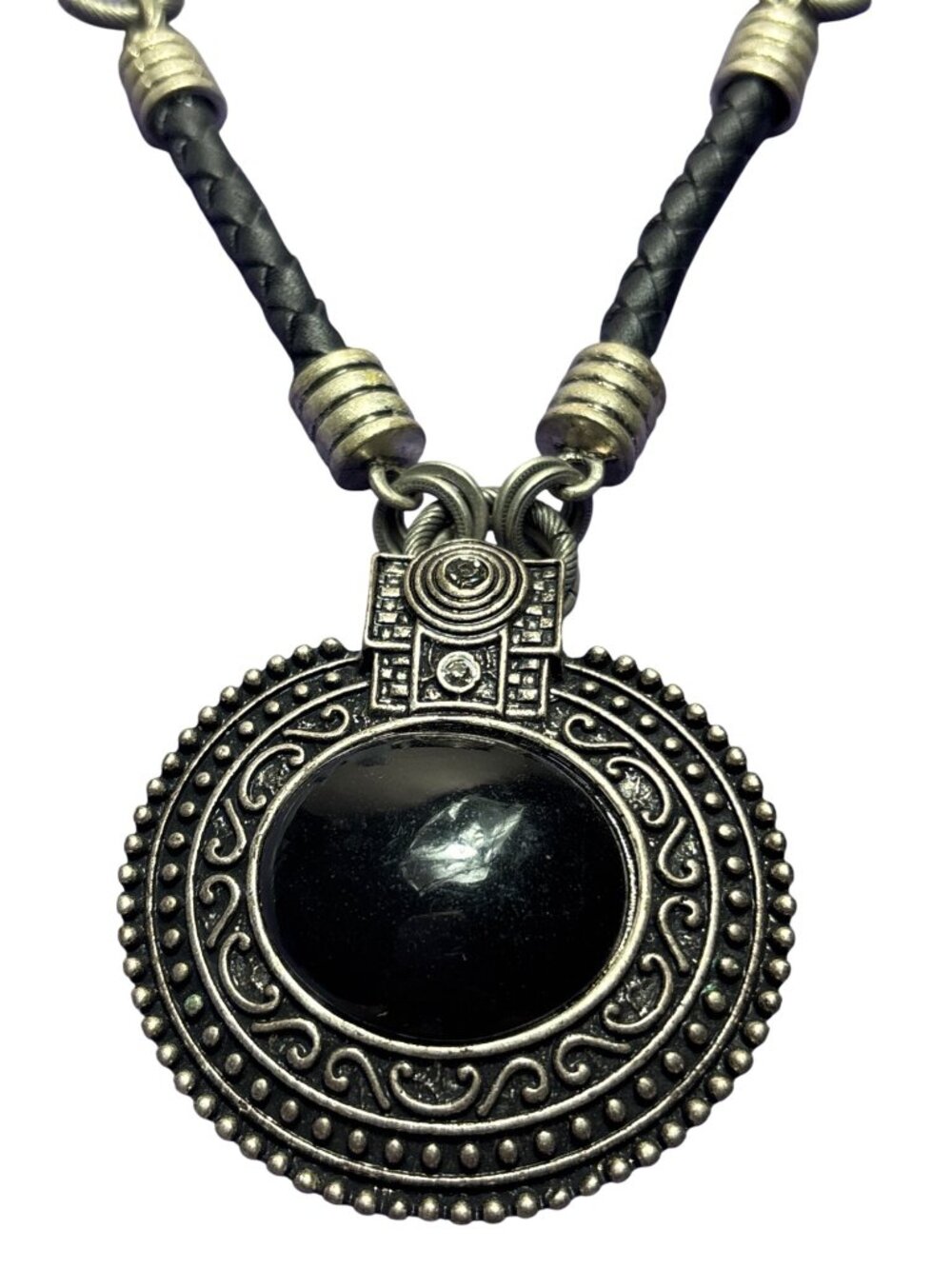 Chico's Statement Necklace Silvertone Chain Pendant Black Cabochon Braided Cord